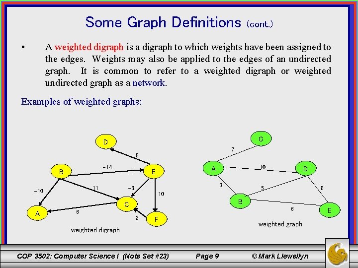 Some Graph Definitions • (cont. ) A weighted digraph is a digraph to which