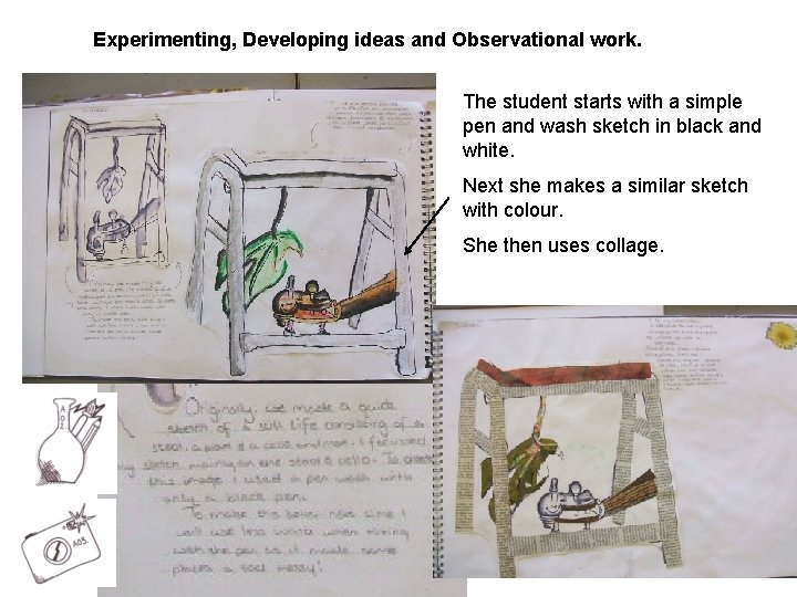 Experimenting, Developing ideas and Observational work. The student starts with a simple pen and
