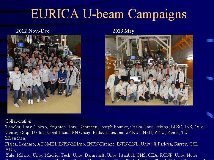 EURICA U-beam Campaigns 2012 Nov. -Dec. 2013 May Collaboration: Tohoku, Univ. Tokyo, Brighton Univ.