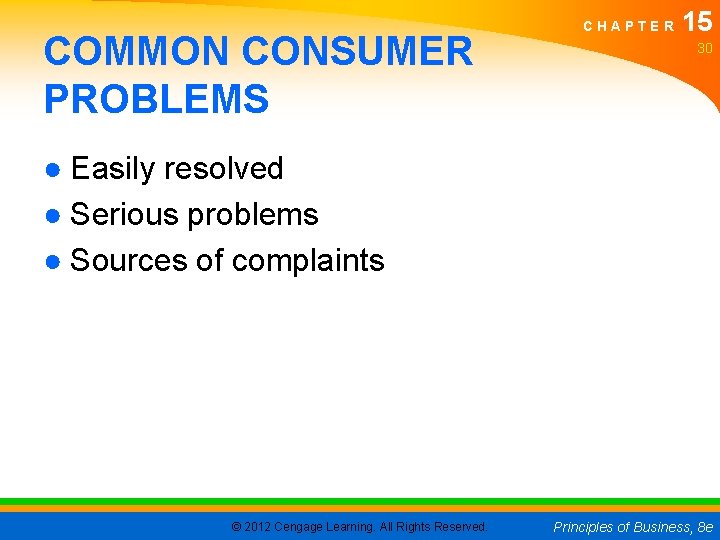 COMMON CONSUMER PROBLEMS CHAPTER 15 30 ● Easily resolved ● Serious problems ● Sources