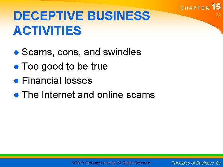 DECEPTIVE BUSINESS ACTIVITIES CHAPTER 15 32 ● Scams, cons, and swindles ● Too good