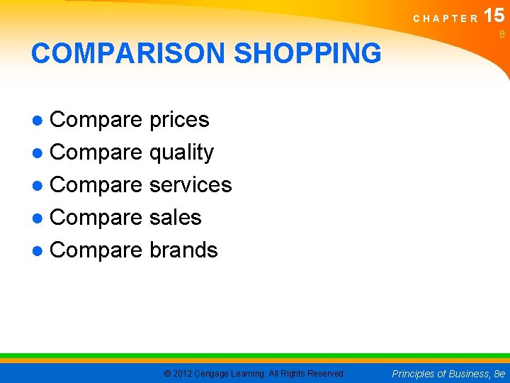 CHAPTER COMPARISON SHOPPING 15 8 ● Compare prices ● Compare quality ● Compare services