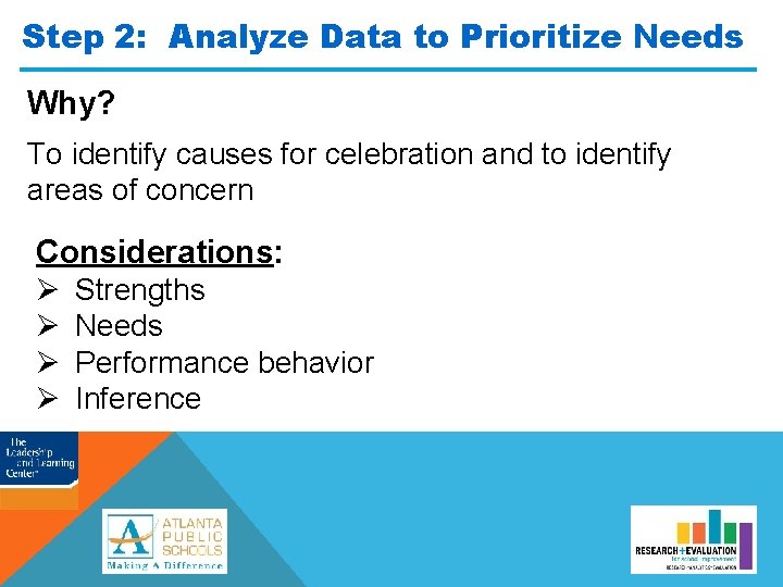 Step 2: Analyze Data to Prioritize Needs Why? To identify causes for celebration and