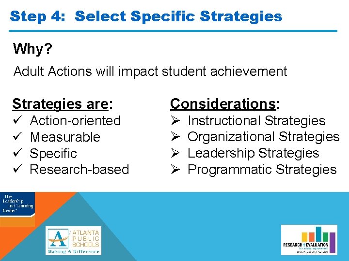 Step 4: Select Specific Strategies Why? Adult Actions will impact student achievement Strategies are: