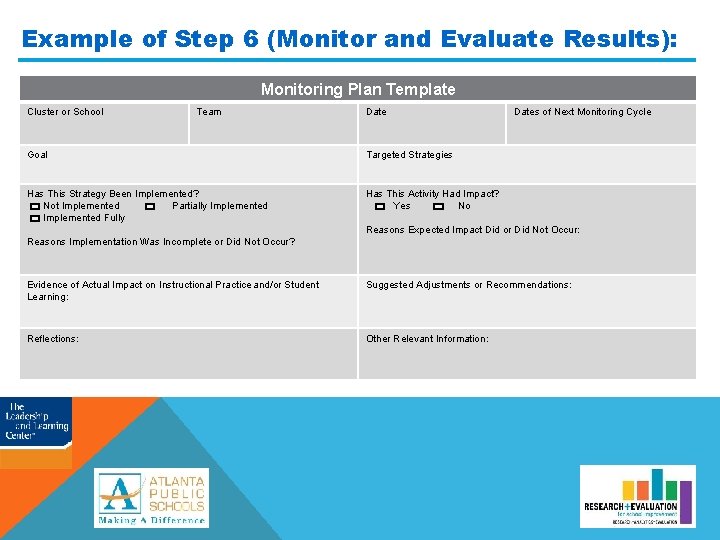 Example of Step 6 (Monitor and Evaluate Results): Monitoring Plan Template Cluster or School