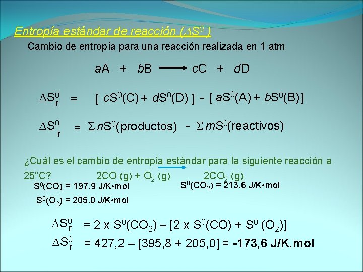Entropía estándar de reacción (DS 0 ) Cambio de entropía para una reacción realizada