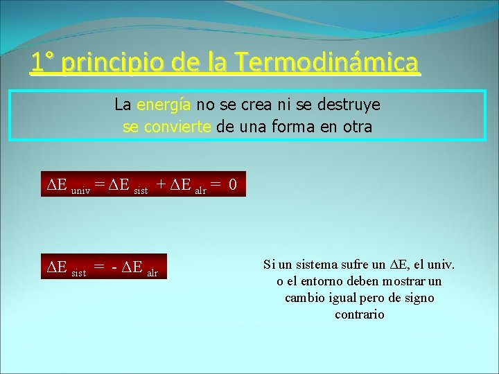 1° principio de la Termodinámica La energía no se crea ni se destruye se