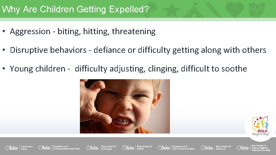 Why Are Children Getting Expelled? • Aggression - biting, hitting, threatening • Disruptive behaviors