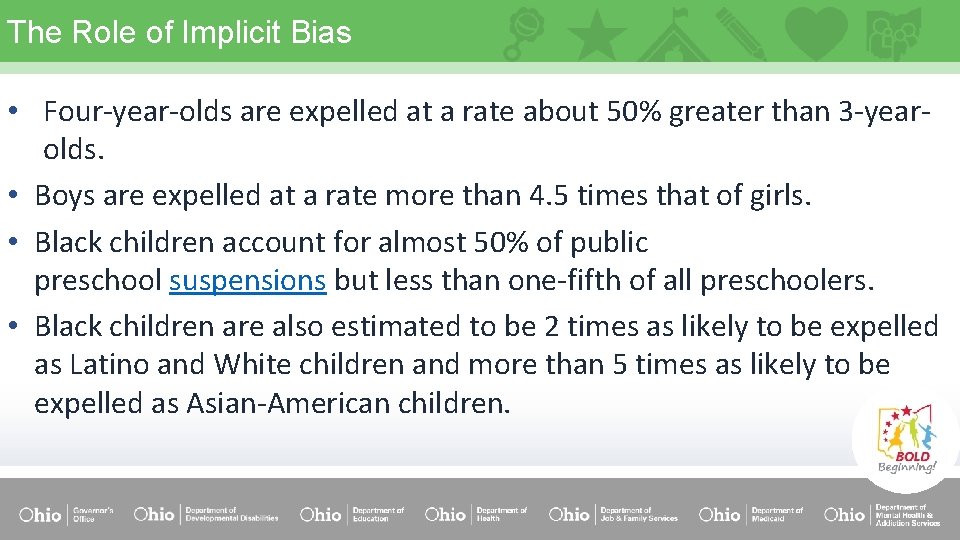 The Role of Implicit Bias • Four-year-olds are expelled at a rate about 50%