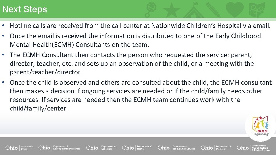 Next Steps • Hotline calls are received from the call center at Nationwide Children’s