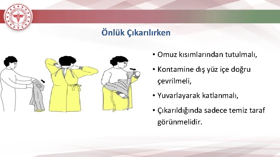 Önlük Çıkarılırken • Omuz kısımlarından tutulmalı, • Kontamine dış yüz içe doğru çevrilmeli, •