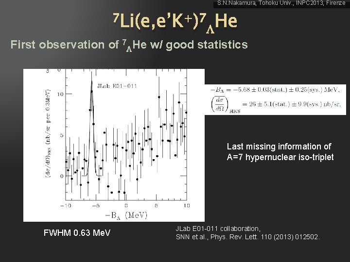 S. N. Nakamura, Tohoku Univ. , INPC 2013, Firenze 7 Li(e, e’K+)7 He First