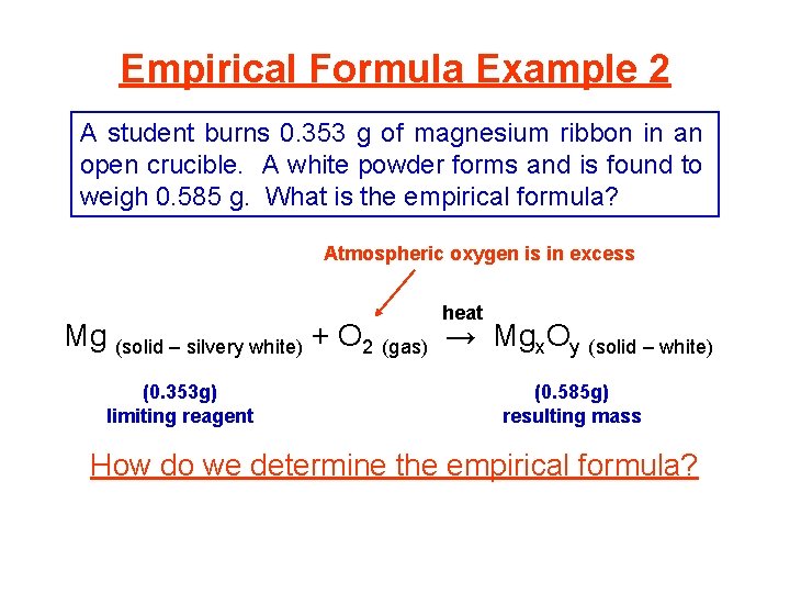 Empirical Formula Example 2 A student burns 0. 353 g of magnesium ribbon in