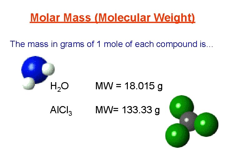 Molar Mass (Molecular Weight) The mass in grams of 1 mole of each compound