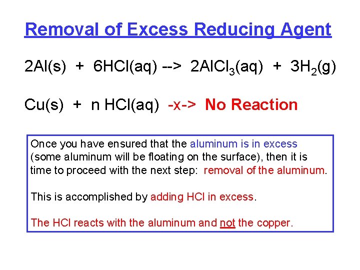 Removal of Excess Reducing Agent 2 Al(s) + 6 HCl(aq) --> 2 Al. Cl