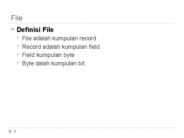 File Definisi File 6 File adalah kumpulan record Record adalah kumpulan field Field kumpulan