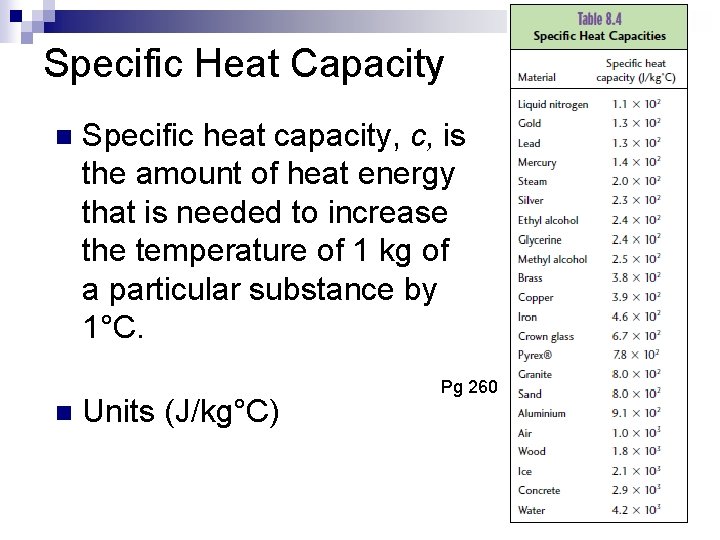 Specific Heat Capacity n n Specific heat capacity, c, is the amount of heat