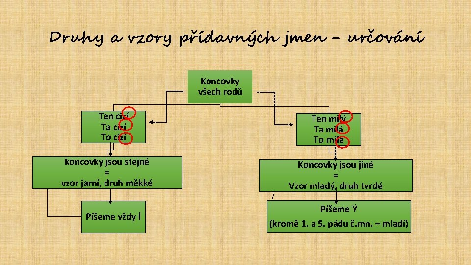 Druhy a vzory přídavných jmen - určování Koncovky všech rodů Ten cizí Ta cizí