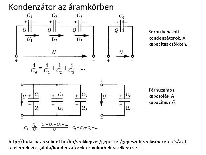 Kondenzátor az áramkörben Sorba kapcsolt kondenzátorok. A kapacitás csökken. Párhuzamos kapcsolás. A kapacitás nő.