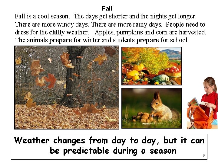 Fall is a cool season. The days get shorter and the nights get longer.