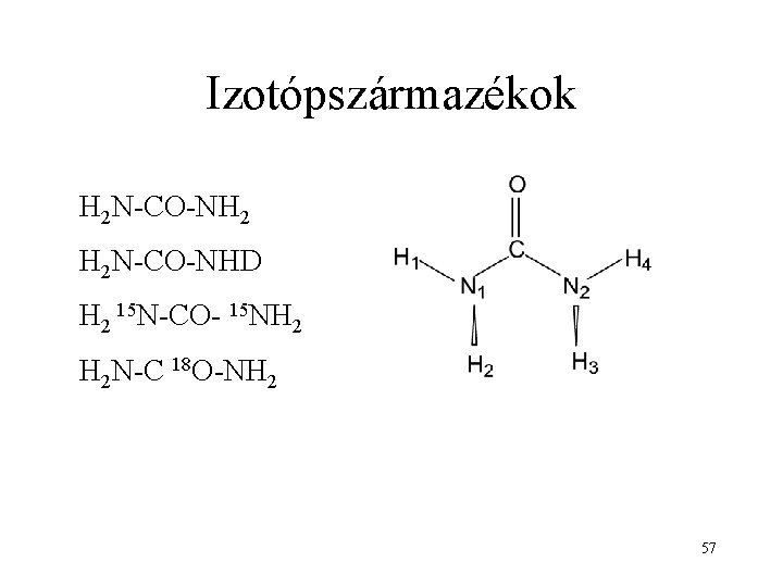 Izotópszármazékok H 2 N-CO-NH 2 H 2 N-CO-NHD H 2 15 N-CO- 15 NH