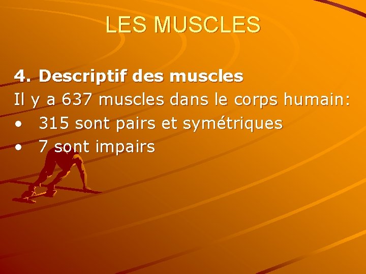 LES MUSCLES 4. Descriptif des muscles Il y a 637 muscles dans le corps