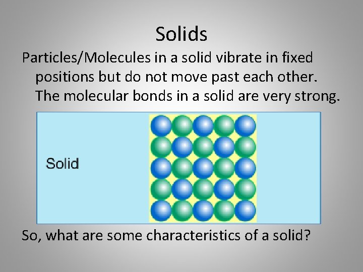Solids Particles/Molecules in a solid vibrate in fixed positions but do not move past