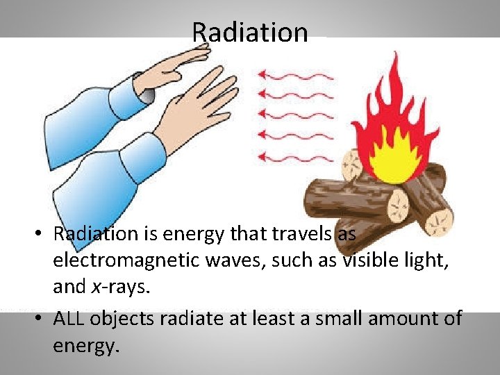 Radiation • Radiation is energy that travels as electromagnetic waves, such as visible light,
