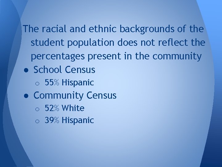 The racial and ethnic backgrounds of the student population does not reflect the percentages