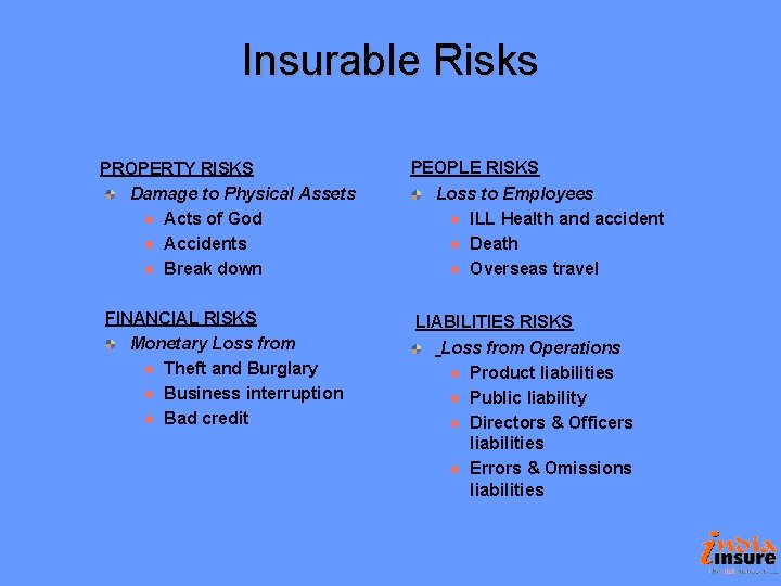 Insurable Risks PROPERTY RISKS Damage to Physical Assets l Acts of God l Accidents Insurable Risks PROPERTY RISKS Damage to Physical Assets l Acts of God l Accidents