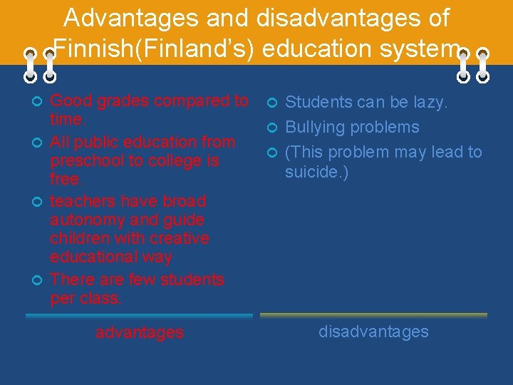 Advantages and disadvantages of Finnish(Finland’s) education system Good grades compared to time. ¢ All