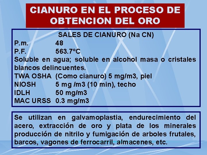 CIANURO EN EL PROCESO DE OBTENCION DEL ORO SALES DE CIANURO (Na CN) P.