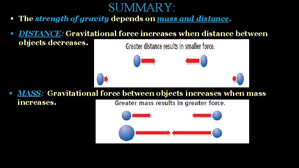 SUMMARY: § The strength of gravity depends on mass and distance. § DISTANCE: Gravitational