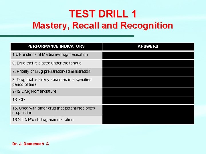 TEST DRILL 1 Mastery, Recall and Recognition PERFORMANCE INDICATORS ANSWERS 1 -5 Functions of TEST DRILL 1 Mastery, Recall and Recognition PERFORMANCE INDICATORS ANSWERS 1 -5 Functions of
