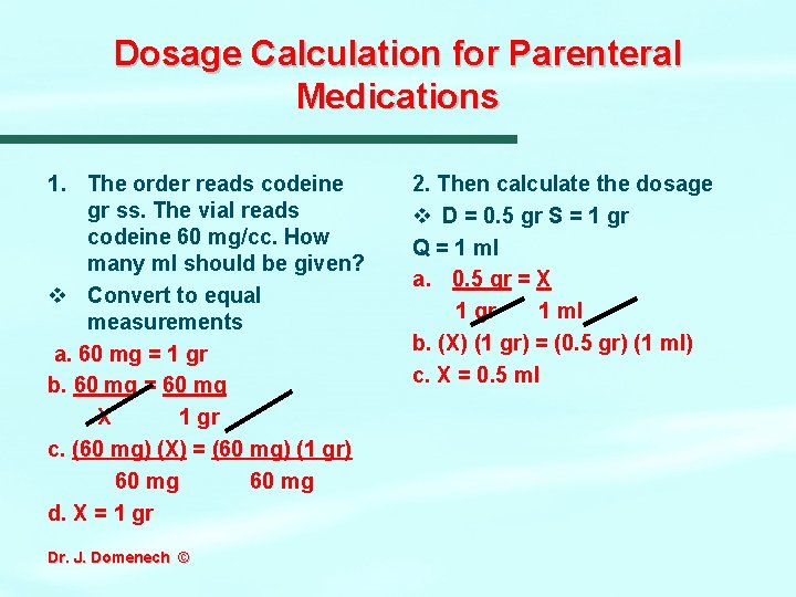 Dosage Calculation for Parenteral Medications 1. The order reads codeine gr ss. The vial