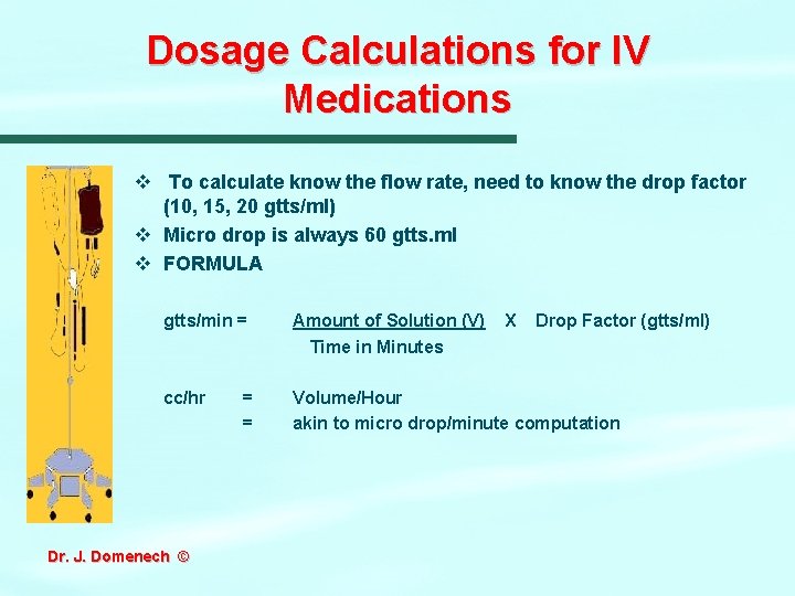 Dosage Calculations for IV Medications v To calculate know the flow rate, need to