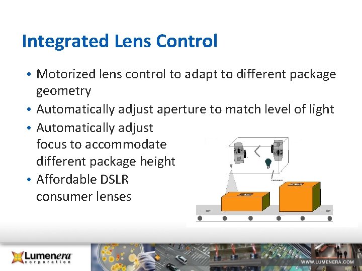Integrated Lens Control • Motorized lens control to adapt to different package geometry • Integrated Lens Control • Motorized lens control to adapt to different package geometry •