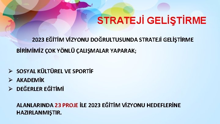 STRATEJİ GELİŞTİRME 2023 EĞİTİM VİZYONU DOĞRULTUSUNDA STRATEJİ GELİŞTİRME BİRİMİMİZ ÇOK YÖNLÜ ÇALIŞMALAR YAPARAK; Ø