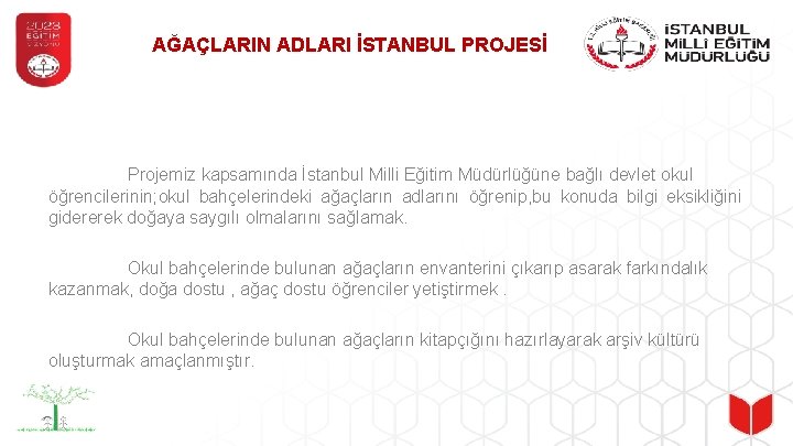 AĞAÇLARIN ADLARI İSTANBUL PROJESİ Projemiz kapsamında İstanbul Milli Eğitim Müdürlüğüne bağlı devlet okul öğrencilerinin;