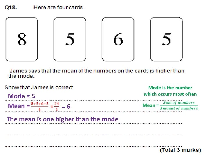Mode is the number which occurs most often Mode = 5 =6 The mean