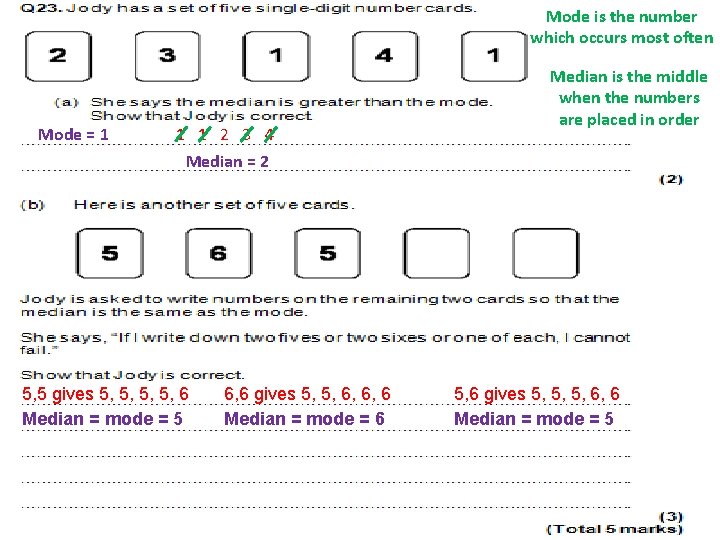 Mode is the number which occurs most often Mode = 1 1 1 2