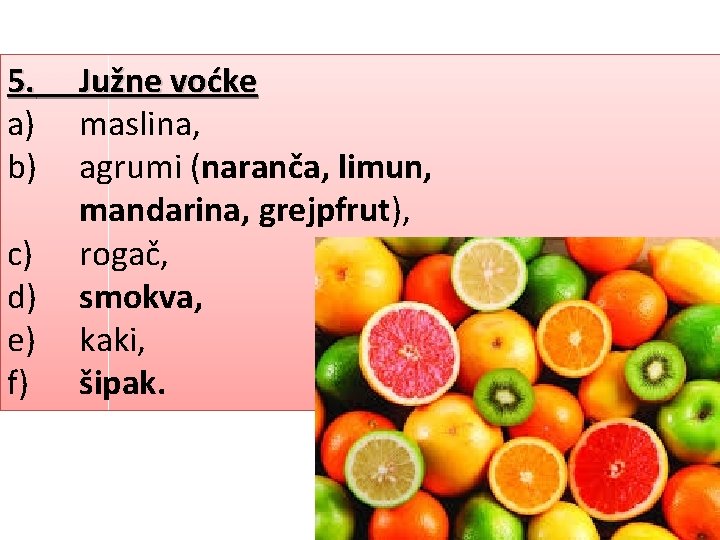 5. a) b) c) d) e) f) Južne voćke maslina, agrumi (naranča, limun, mandarina,