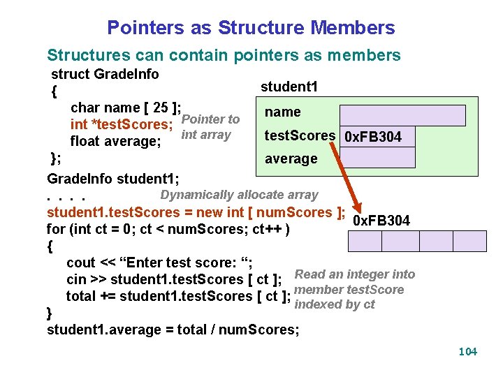 Pointers as Structure Members Structures can contain pointers as members struct Grade. Info {