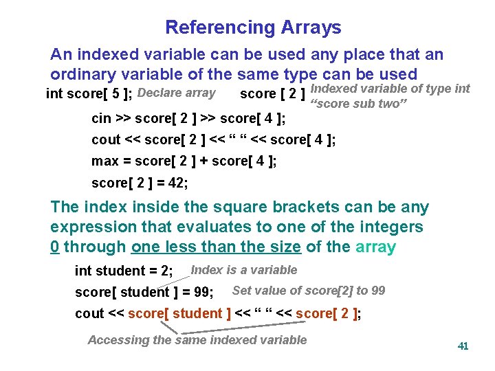 Referencing Arrays An indexed variable can be used any place that an ordinary variable