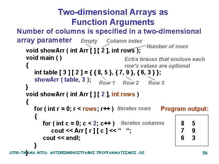 Two-dimensional Arrays as Function Arguments Number of columns is specified in a two-dimensional array