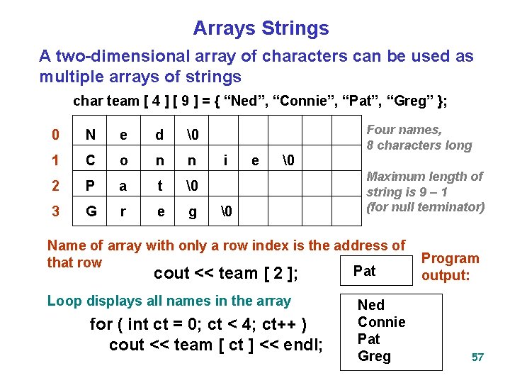 Arrays Strings A two-dimensional array of characters can be used as multiple arrays of
