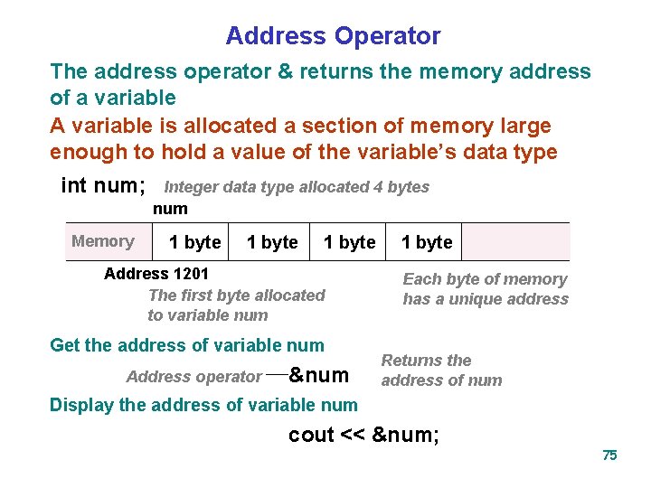 Address Operator The address operator & returns the memory address of a variable A