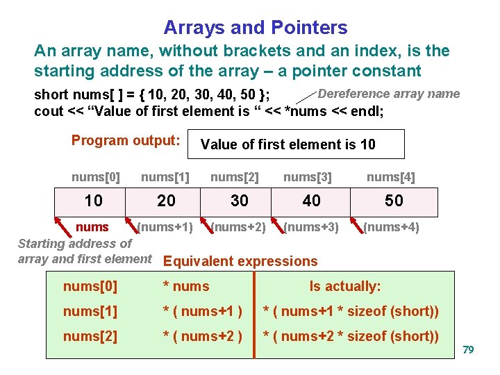 Arrays and Pointers An array name, without brackets and an index, is the starting