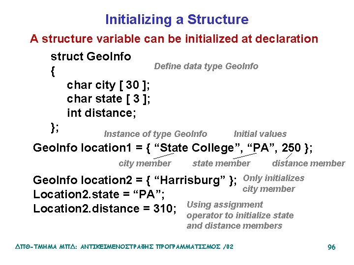 Initializing a Structure A structure variable can be initialized at declaration struct Geo. Info