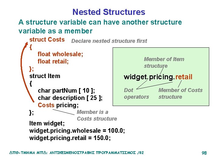 Nested Structures A structure variable can have another structure variable as a member struct